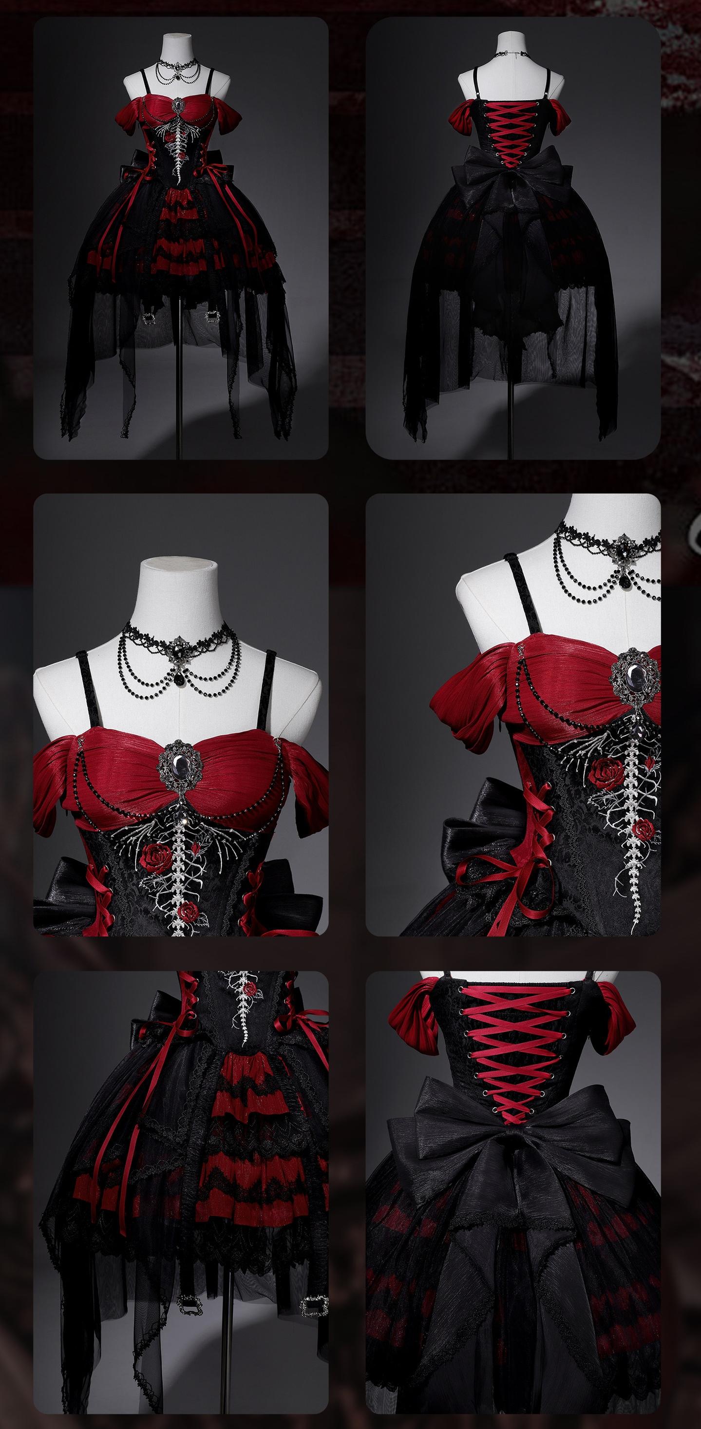 Eternal Thorn of the Dragonbone - Embroidered Gothic Lolita JSK Dress, Off-Shoulder and Accessories - image 4