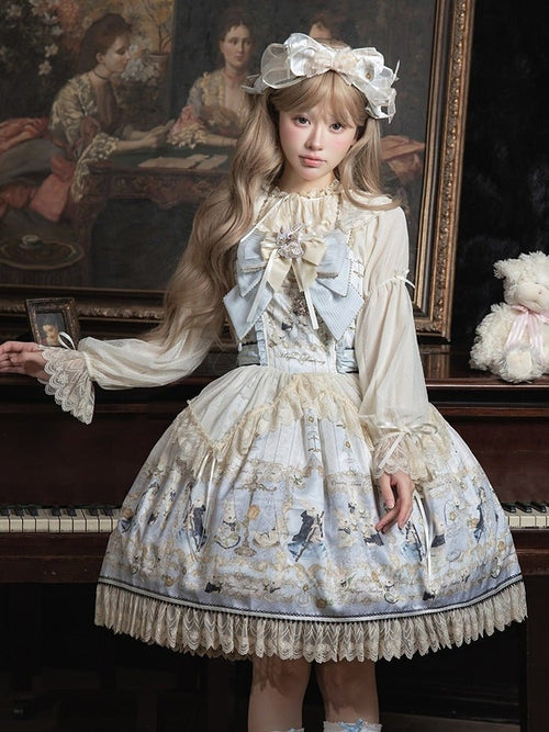 Azure Rabbit-Print Bow JSK with Lace Blouse - image 2