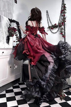 Red and Black Bowknot Irregular Gothic Princess Lolita JSK Dress - image 2