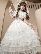 Ivory Floral Embroidered Lolita Gown with Lace Trim and Bow Train - Mademoiselle Pearl - image 8