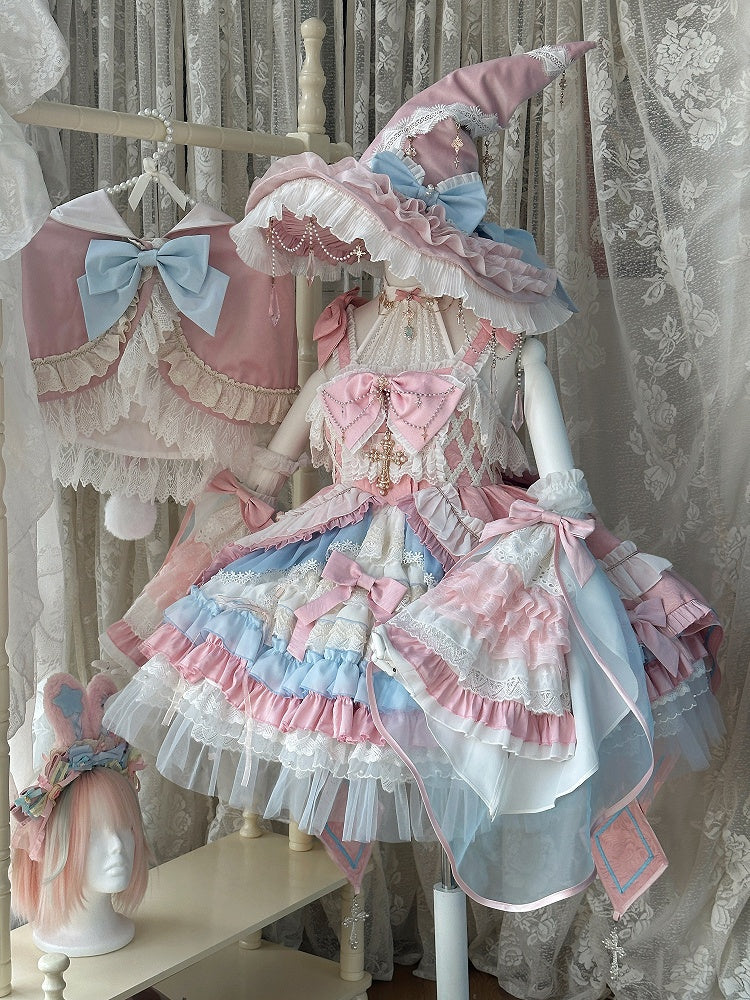 Pink and Blue High Waist Sweet Witchy Dress Lolita Jumper Skirt Full Set - image 1