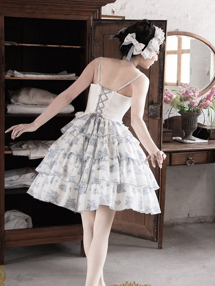 Blue and White Floral Print Lolita JSK with Bow Details - image 7