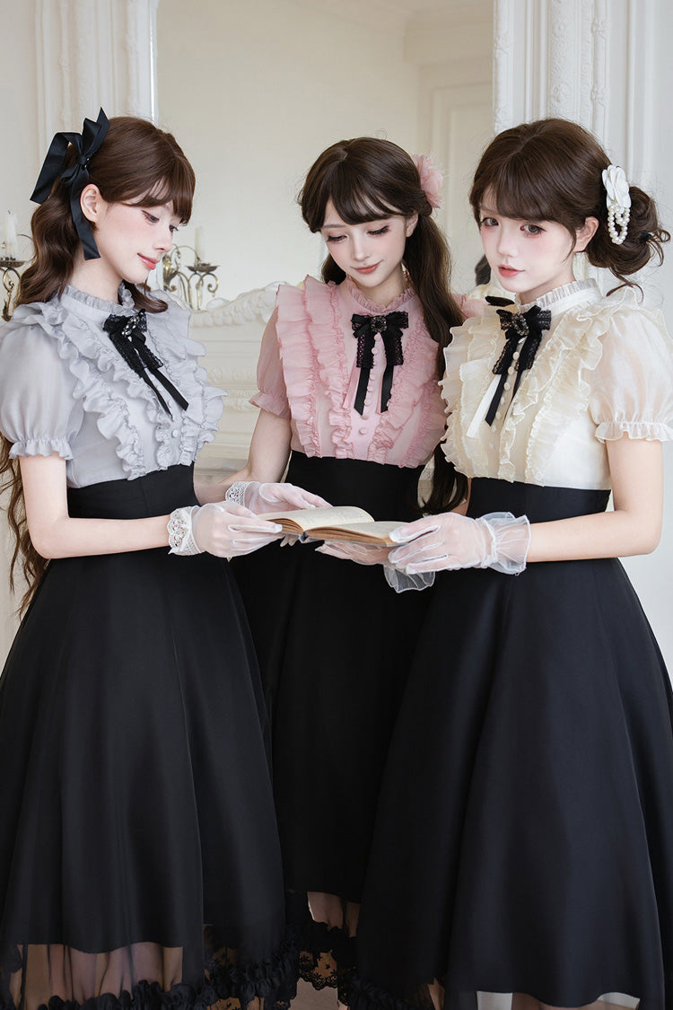 Miss Lola · Snow Kiss - Stand Collar Short Puff Sleeves Ruffled Color-Blocked Faux Two-Piece Sweet Lolita Long Dress 3 Colors - image 3
