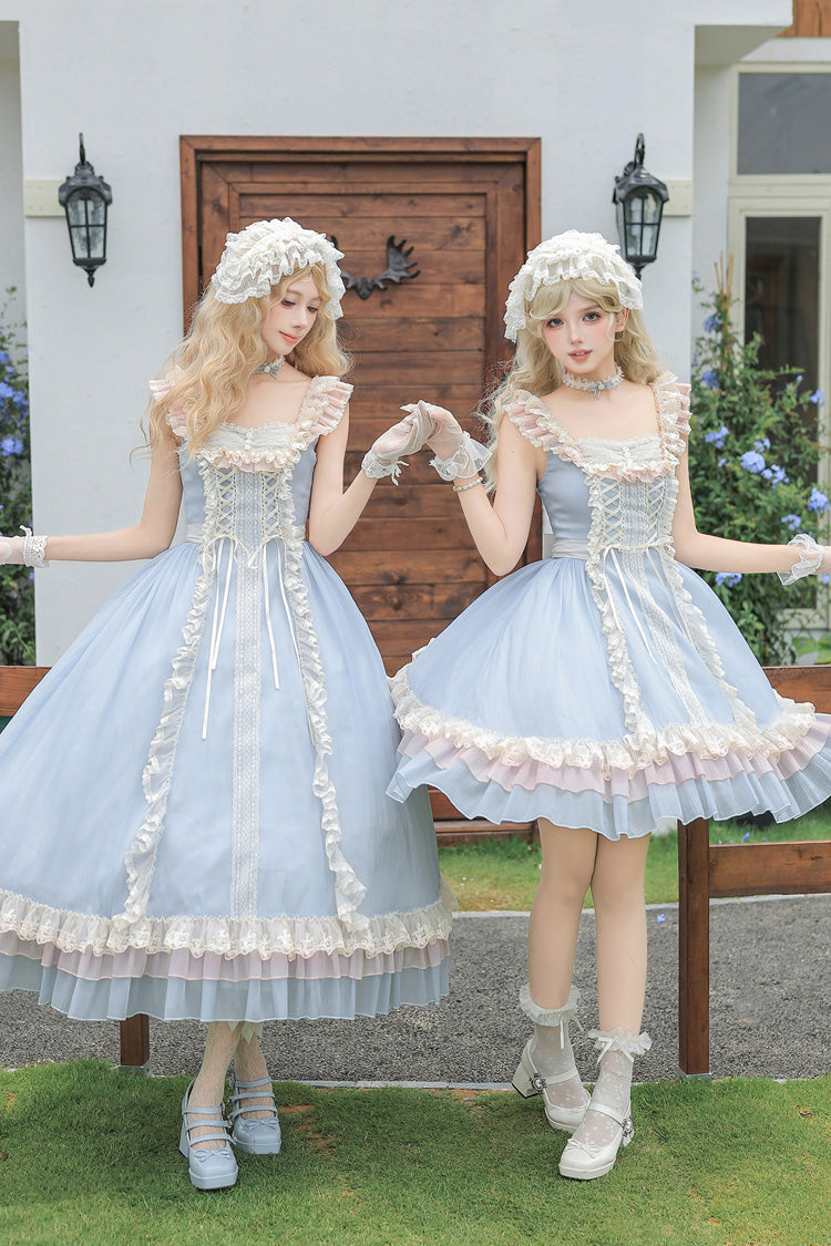 Island Diary - Square Collar Flutter Sleeves Triple-Layered Ruffled Lace-Up Sweet Lolita JSK Dress 2 Versions - image 7