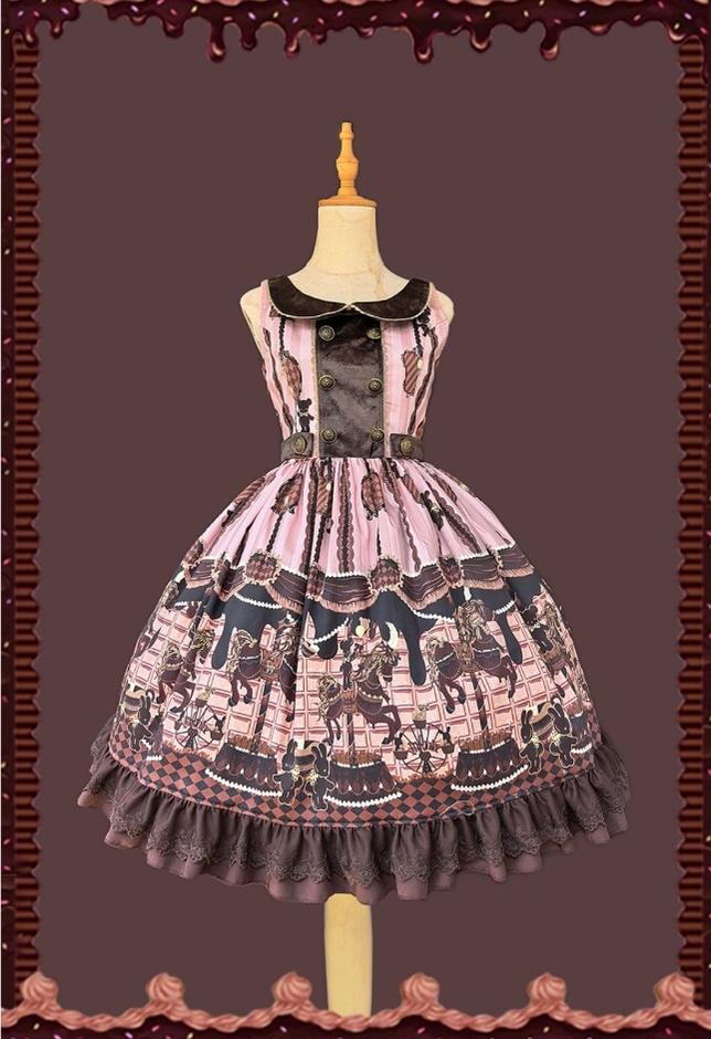 Chocolate Carousel - Peter Pan Collar Old School Lolita JSK Dress, Carousel Print and Accessories - image 9