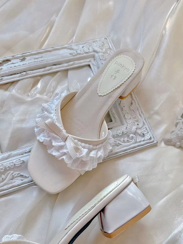 Pinkyo White Bow Ruffle Low-Heel Lolita Sandals - image 1