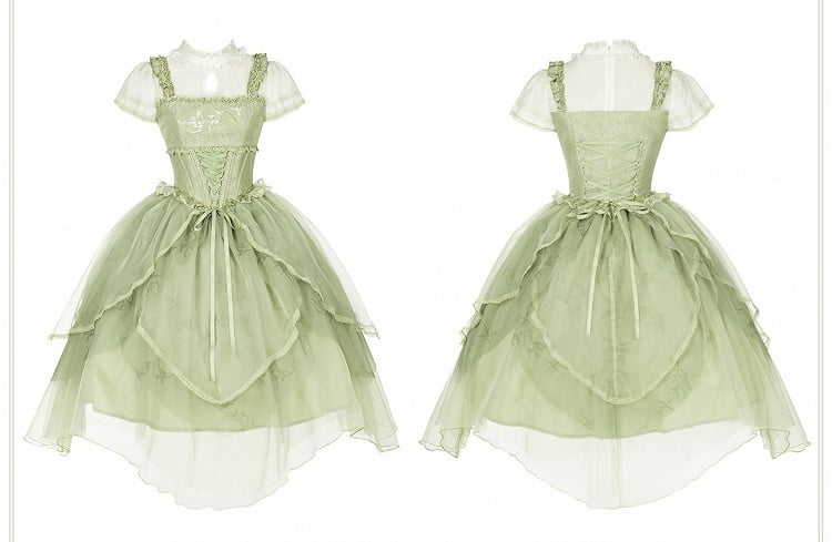 Green Orchid Chinoiserie Lolita OP Dress and Flower Hairclips Set - image 4