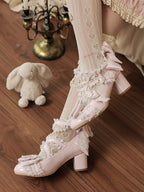 Pink Bowknot Crystal Round-Toe Lolita Shoes with Pearl Chain - image 2