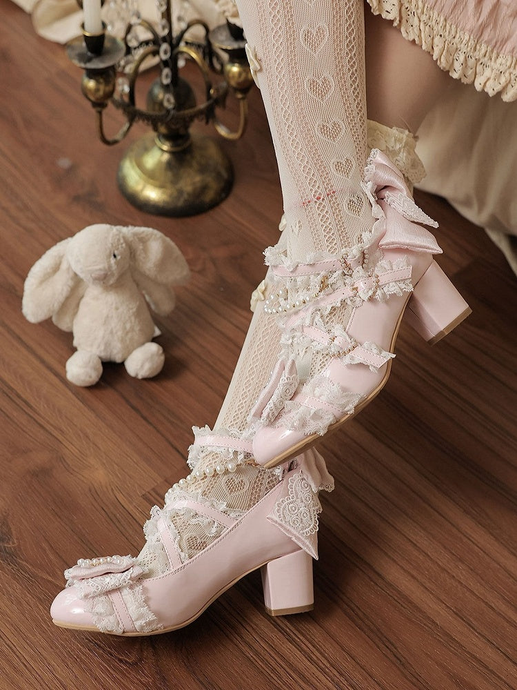 Pink Bowknot Crystal Round-Toe Lolita Shoes with Pearl Chain - image 2