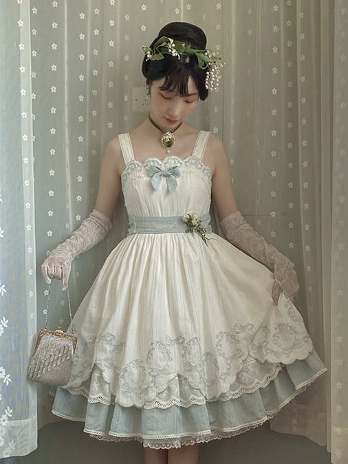 White and Blue Lace-Trim JSK Dress with Bow and Belt - image 3