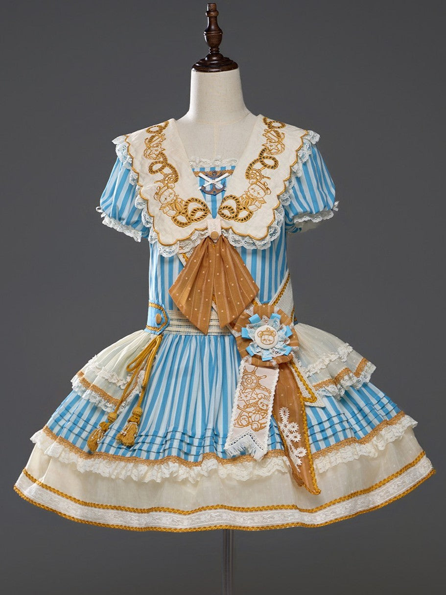 Antique Sailor Bear Blue Stripe Low Waist Lolita OP Dress - image 11