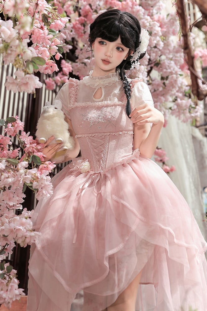 Pink Peach Blossom Chinoiserie Lolita OP Dress and Flower Hairclips Set - image 7