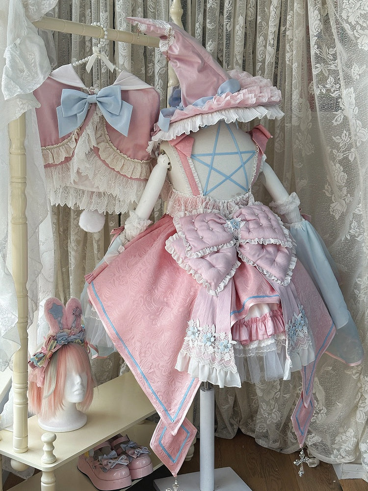 Pink and Blue High Waist Sweet Witchy Dress Lolita Jumper Skirt Full Set - image 2