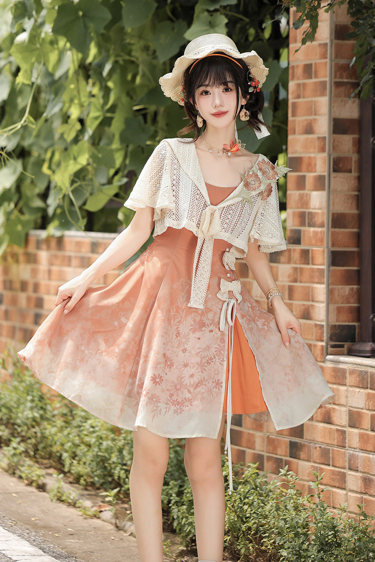 Orange Chrysanthemum Print Chinese-Inspired Lolita JSK Dress Set - image 1