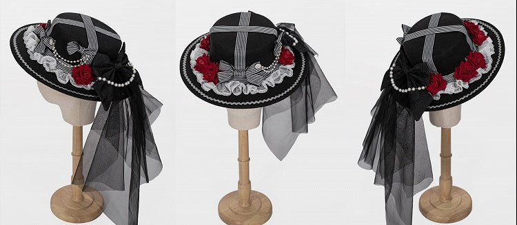 Black Lolita Hat with Striped Bow and Rose Accents - image 4