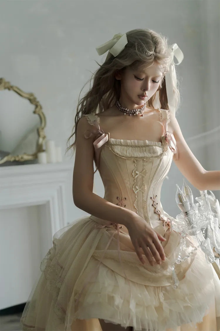 Champagne Lace-Up Corset Top and High-Low Lolita Skirt - image 10