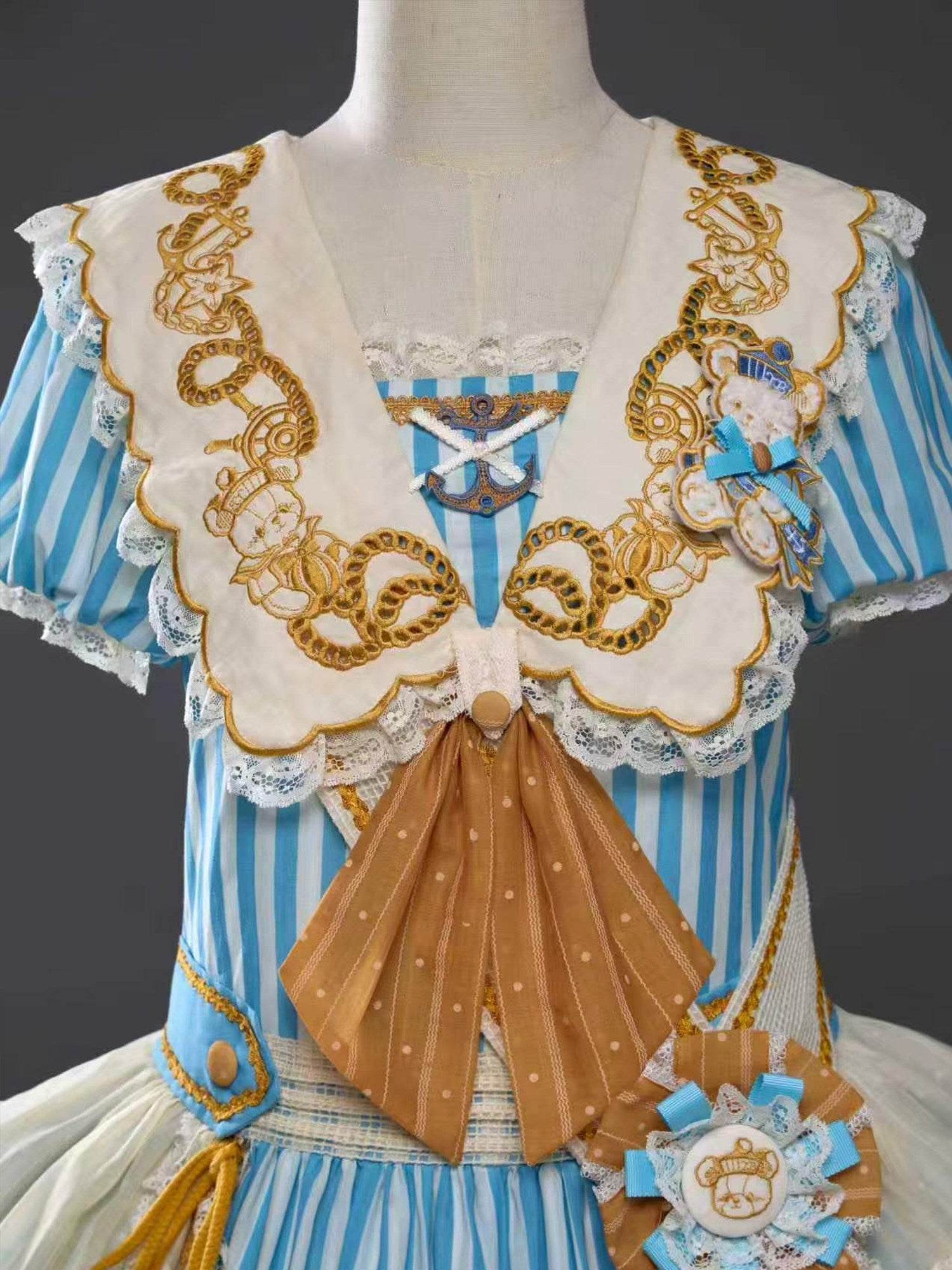 Antique Sailor Bear Blue Stripe Low Waist Lolita OP Dress - image 12