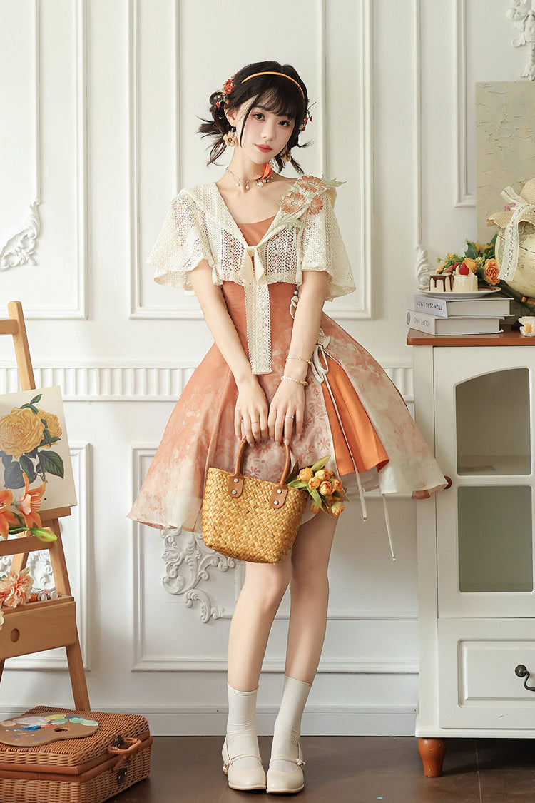 Orange Chrysanthemum Print Chinese-Inspired Lolita JSK Dress Set - image 9