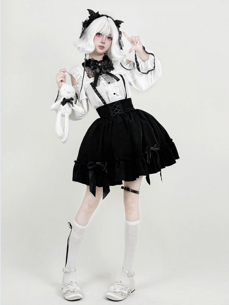 Gothic Monochrome Cutout Shoulder Top with Lace and Bow Embellishments - AMAHAKAWA - image 4
