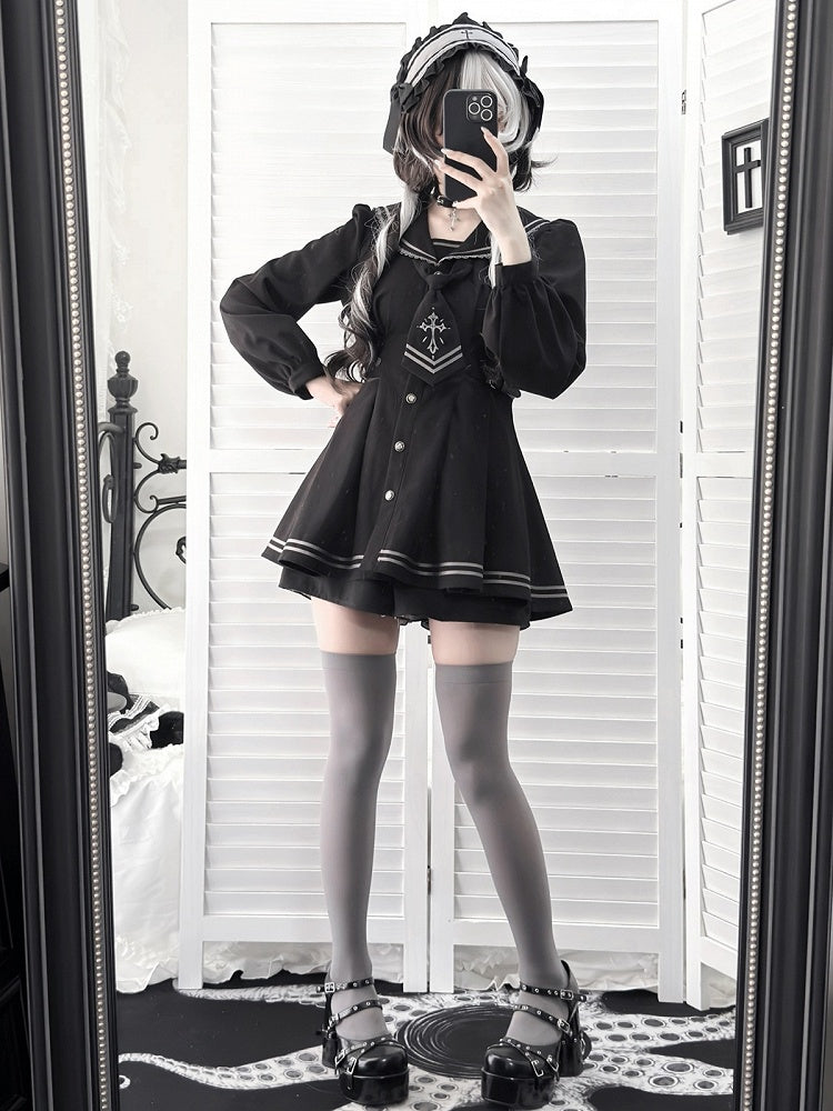 Black Sailor-Collar Jirai Kei Dress, Shorts and Tie Set - image 8
