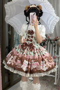 Chocolate Brownie - Sleeveless Printed Ruffled Bow Lace Sweet Lolita Strap Dress 2 Colors - image 1