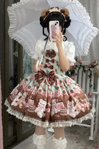 Chocolate Brownie - Sleeveless Printed Ruffled Bow Lace Sweet Lolita Strap Dress 2 Colors - image 1