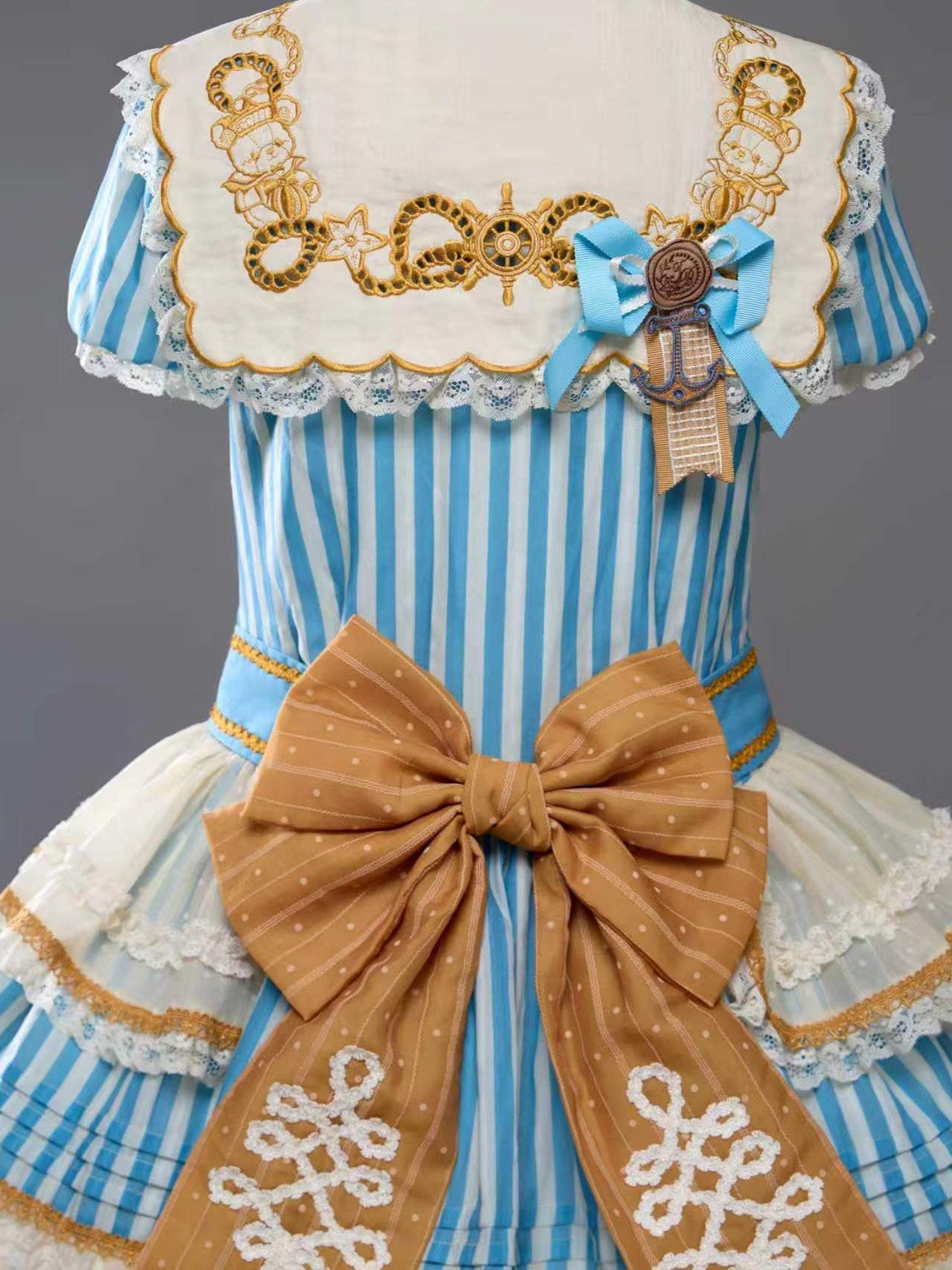 Antique Sailor Bear Blue Stripe Low Waist Lolita OP Dress - image 13