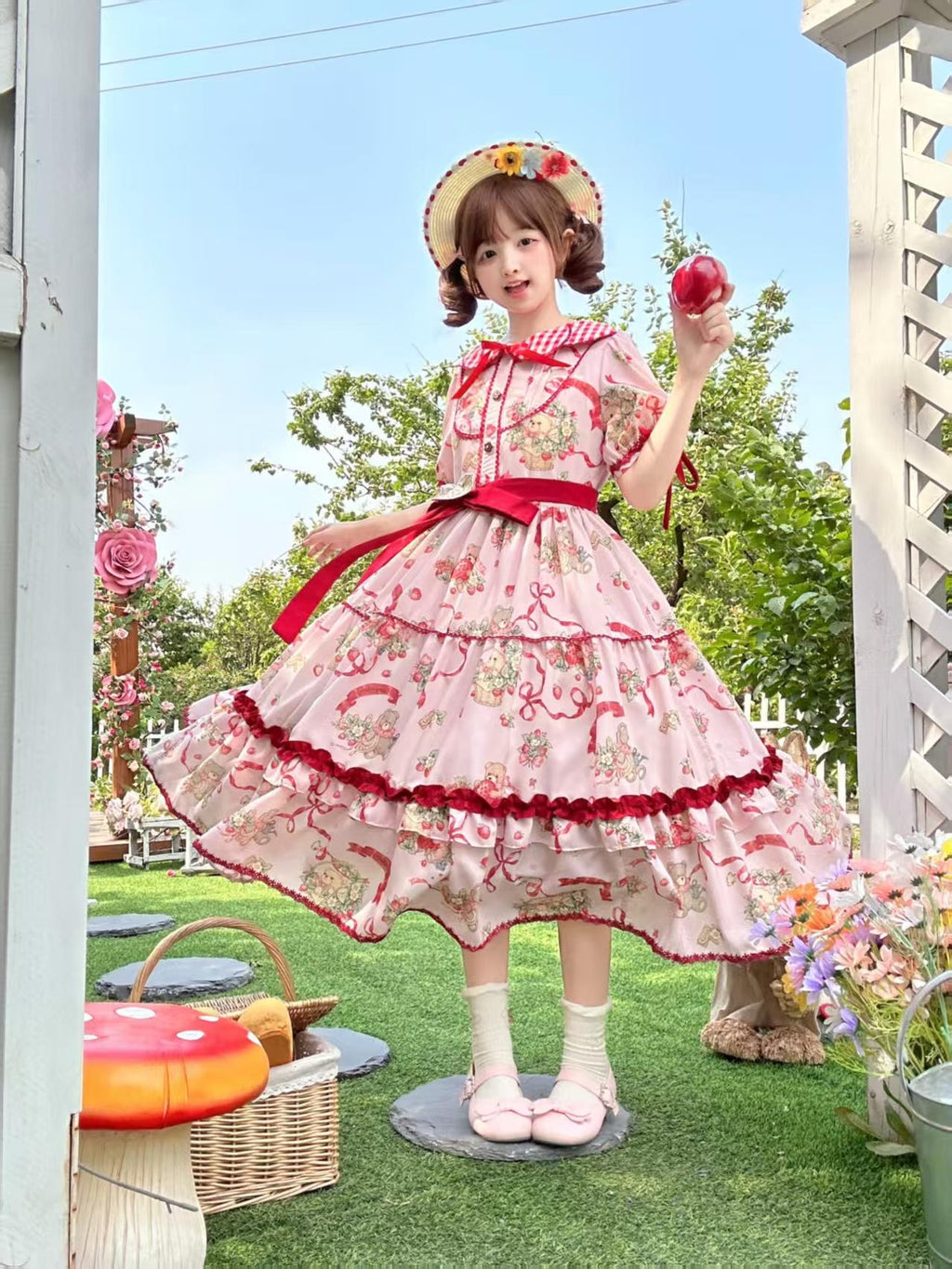 The Bear's Strawberry Field - Daily Lolita OP Dress With Petal Collar & Bear Strawberry Print and Accessories - image 3