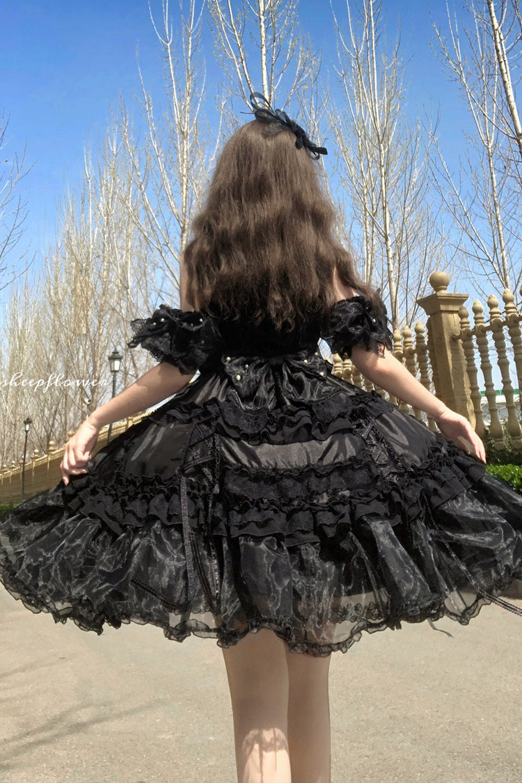 Spring Cherry Snowfall - Off Shoulder Short Sleeves Multi-Layered Ruffled Bow Gothic Lolita JSK Dress - image 3