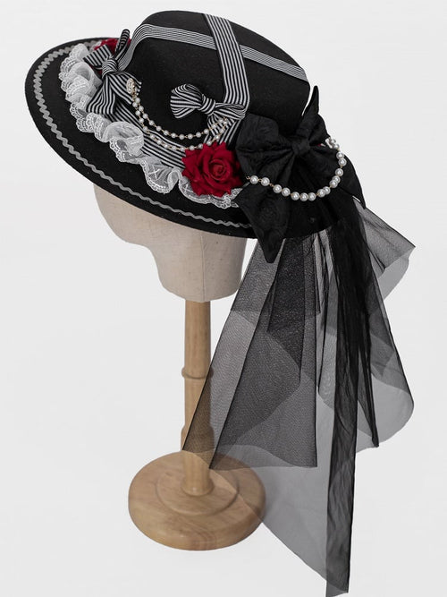 Black Lolita Hat with Striped Bow and Rose Accents - image 1
