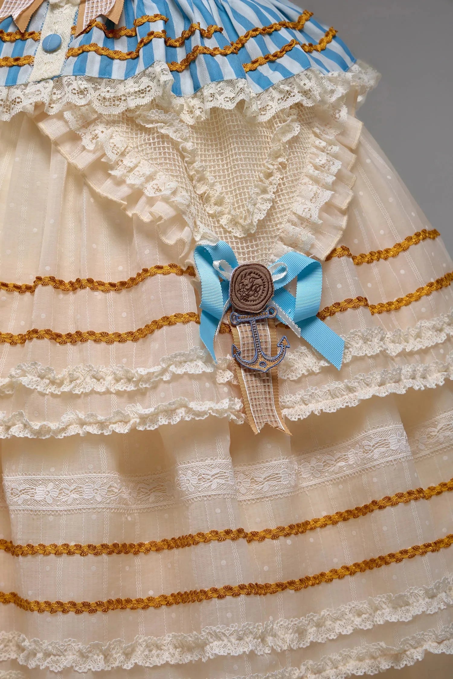 Antique Sailor Bear Blue Stripe Cropped Top Long Skirt Lolita Set - image 6