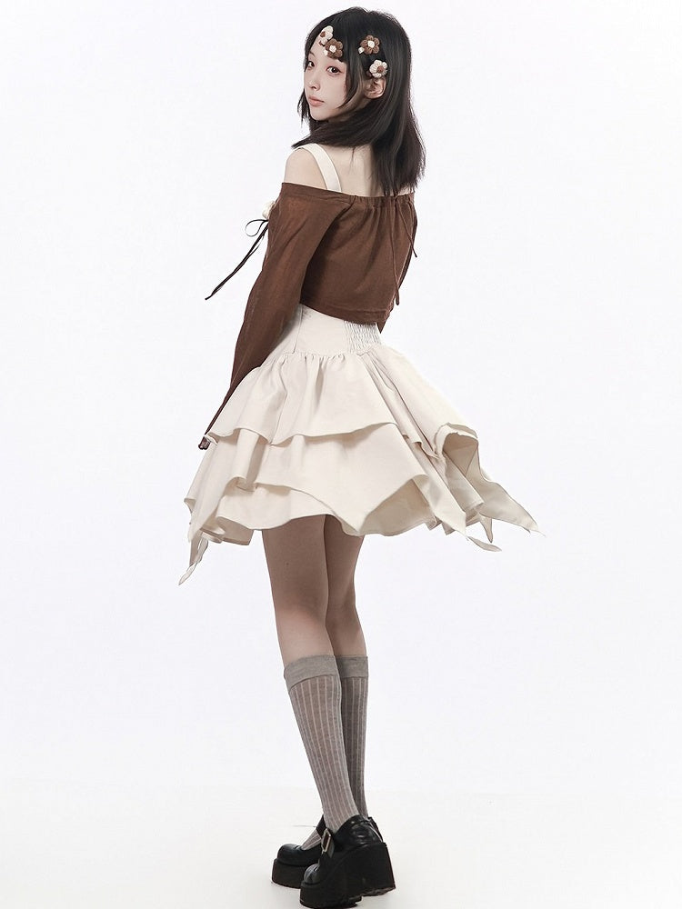 Brown Flare-Sleeve Cropped Top with Butterfly Print & Rose - PINK SAVIOR - image 5