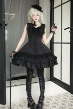 Escape - Double-Layered Jacquard Striped Printed Ruffled Slim Gothic Lolita JSK Dress 3 Colors - image 2