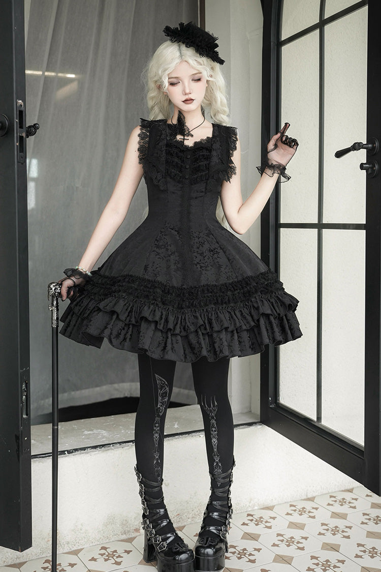 Escape - Double-Layered Jacquard Striped Printed Ruffled Slim Gothic Lolita JSK Dress 3 Colors - image 2
