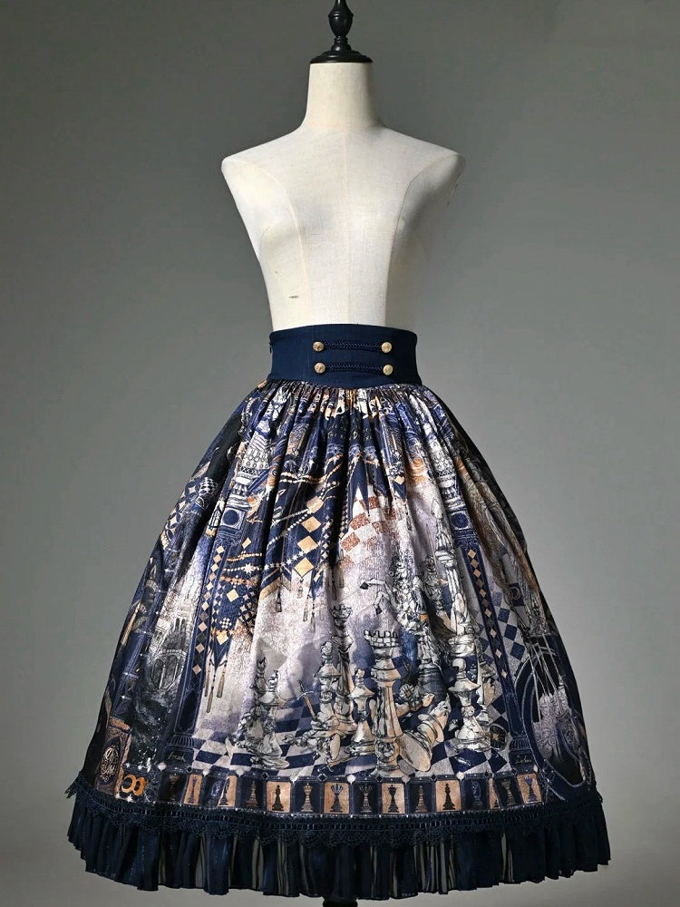 Dark Blue Chess-Print Corset-Waist Lolita Skirt - image 2