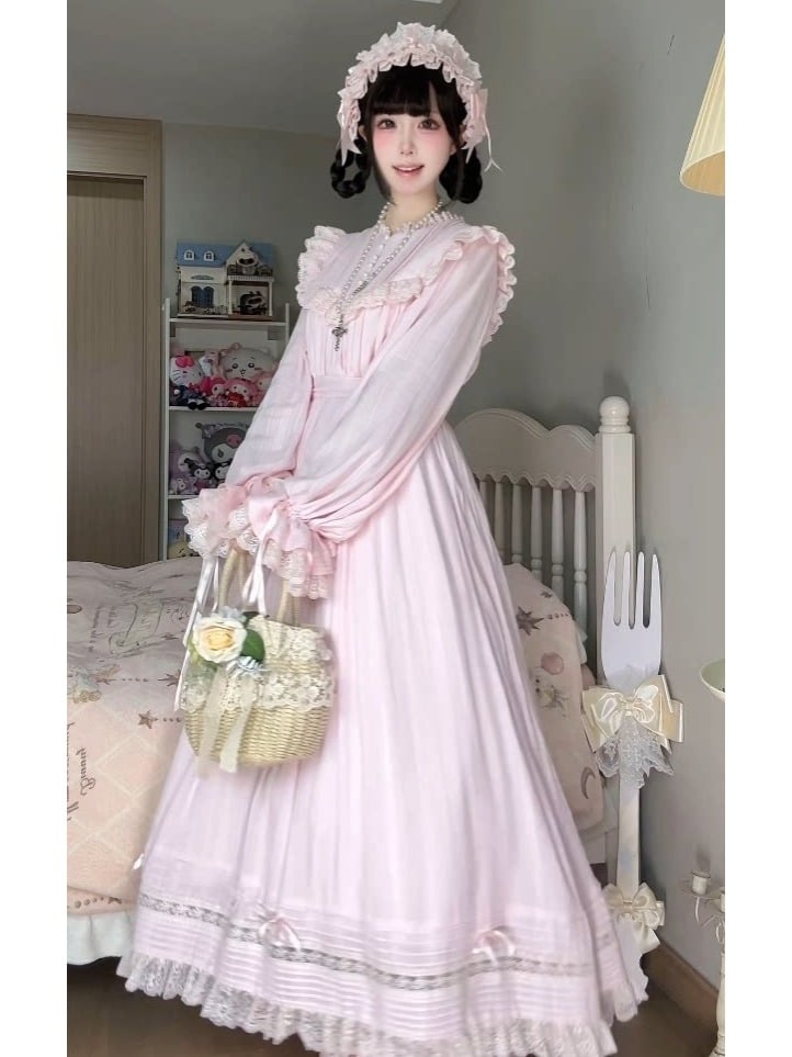 Pink Lace-Trim Long-Sleeve Lolita OP Dress with Ruffles - image 2