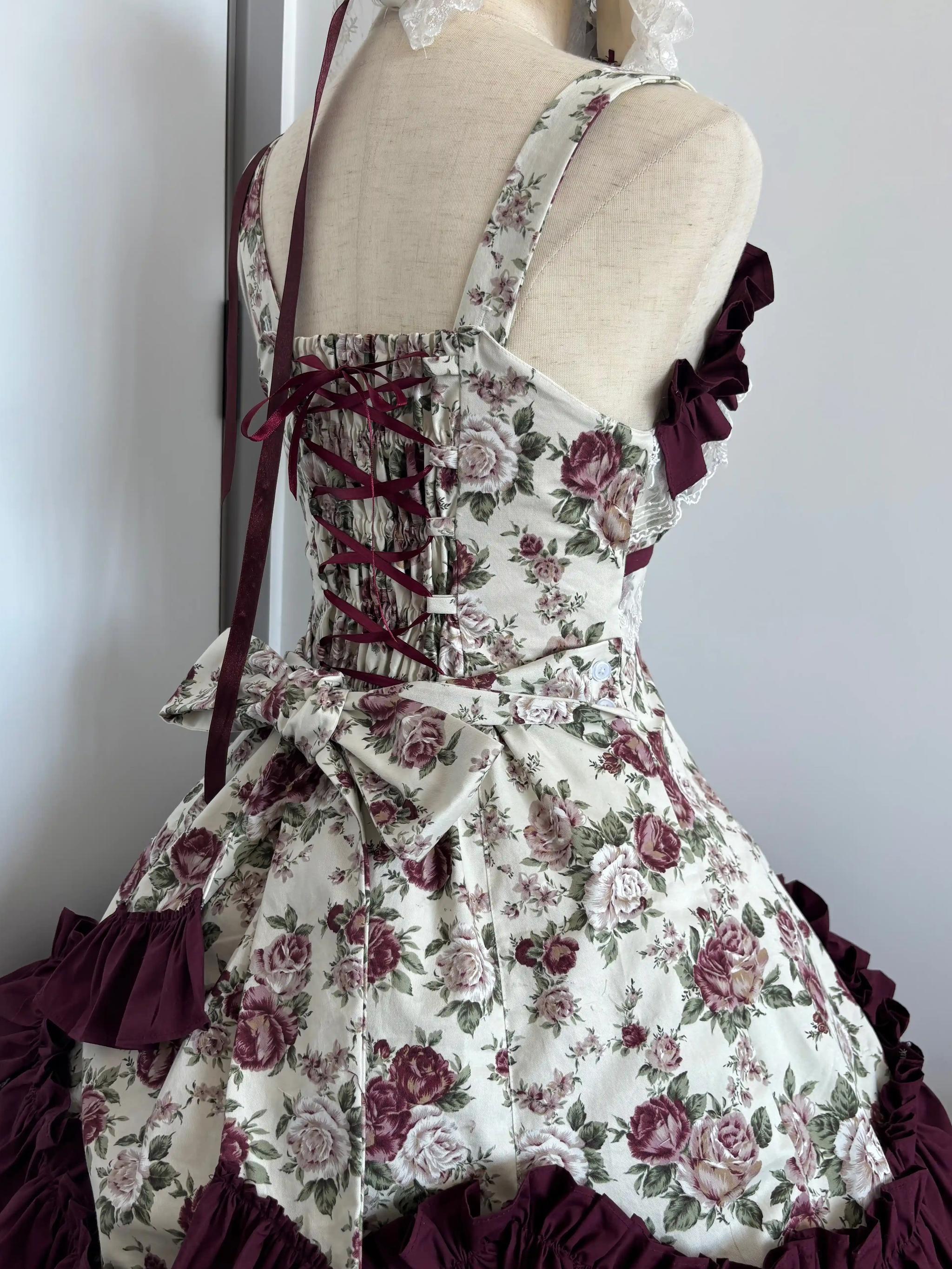 Burgundy Rose - Floral Printed Old School Lolita JSK, Elegant Cape and Accessories - image 16