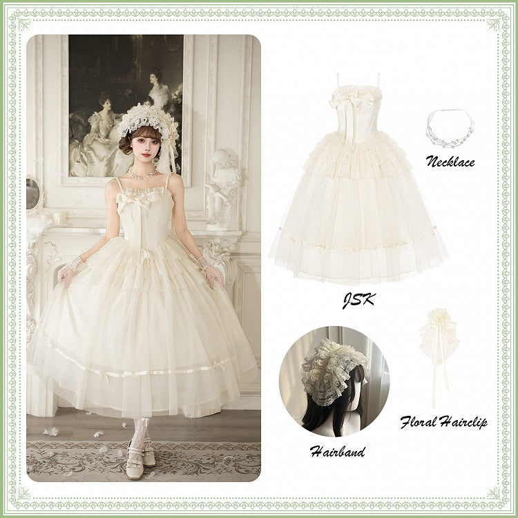 Creamy Boned Waist Elegant Long JSK Dress and Accessory Set - image 2