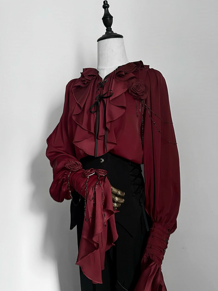 Crimson Poet Shirt with Floral Pins and Chain Accents - Shi Zhi Mao - image 3
