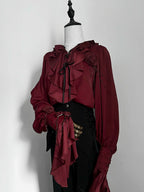 Crimson Poet Shirt with Floral Pins and Chain Accents - Shi Zhi Mao - image 3