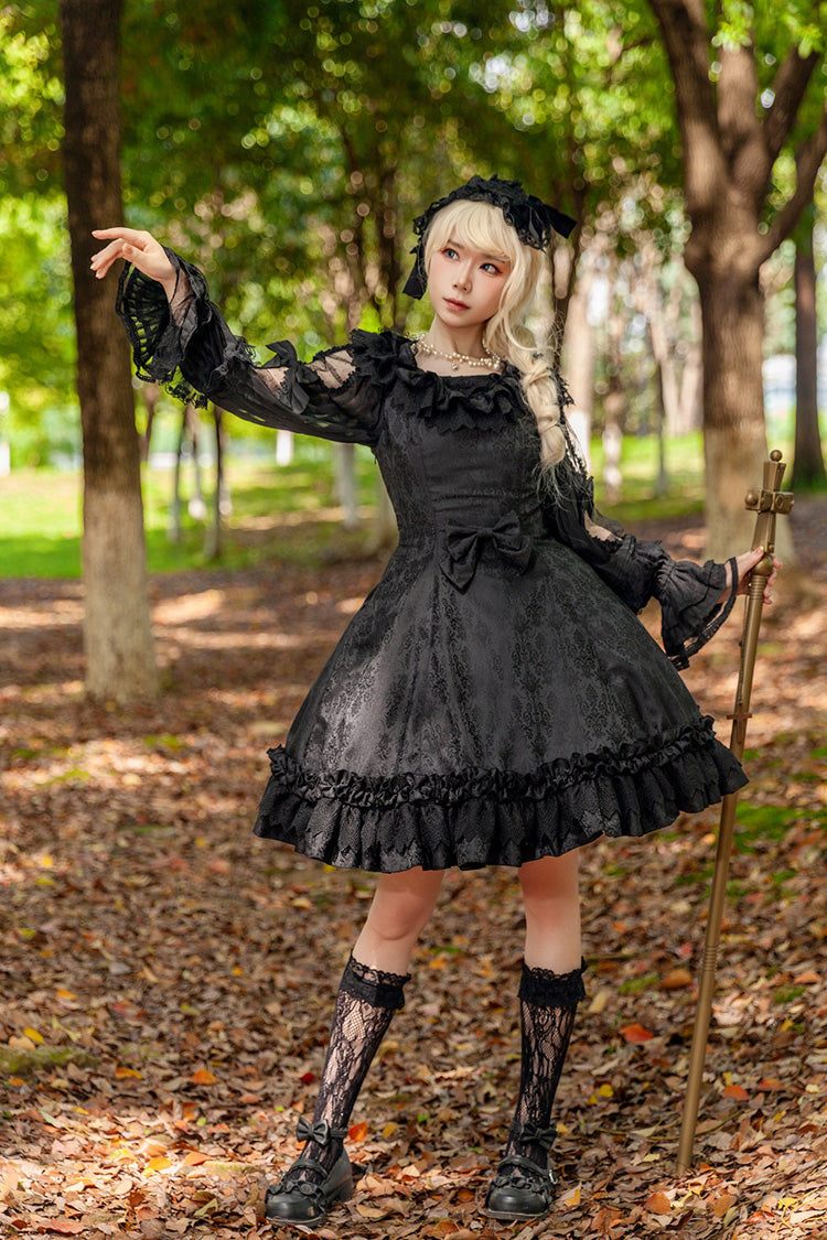 Floral Canon - Round Collar Sleeveless Jacquard Printed Ruffled Bow Gothic Lolita JSK Dress - image 5