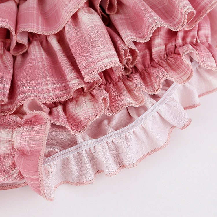 Dark Pink Plaid Tiered Skirt with Shorts - serendipity - image 5