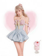 Blue and Pink Floral Strapless Dress with Bow - image 4