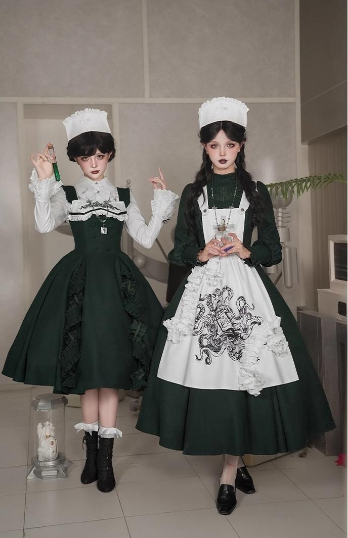 Abyss Clinic - Gothic Lolita Green Dress Set, Embroidery Accent - image 13