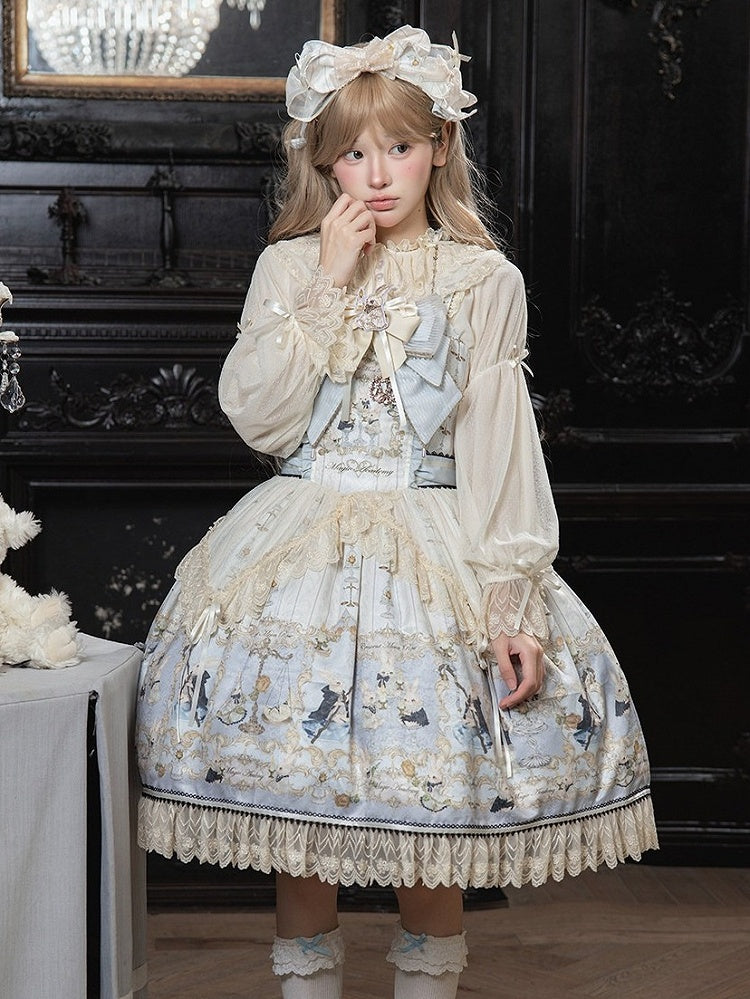 Azure Rabbit-Print Bow JSK with Lace Blouse - image 3