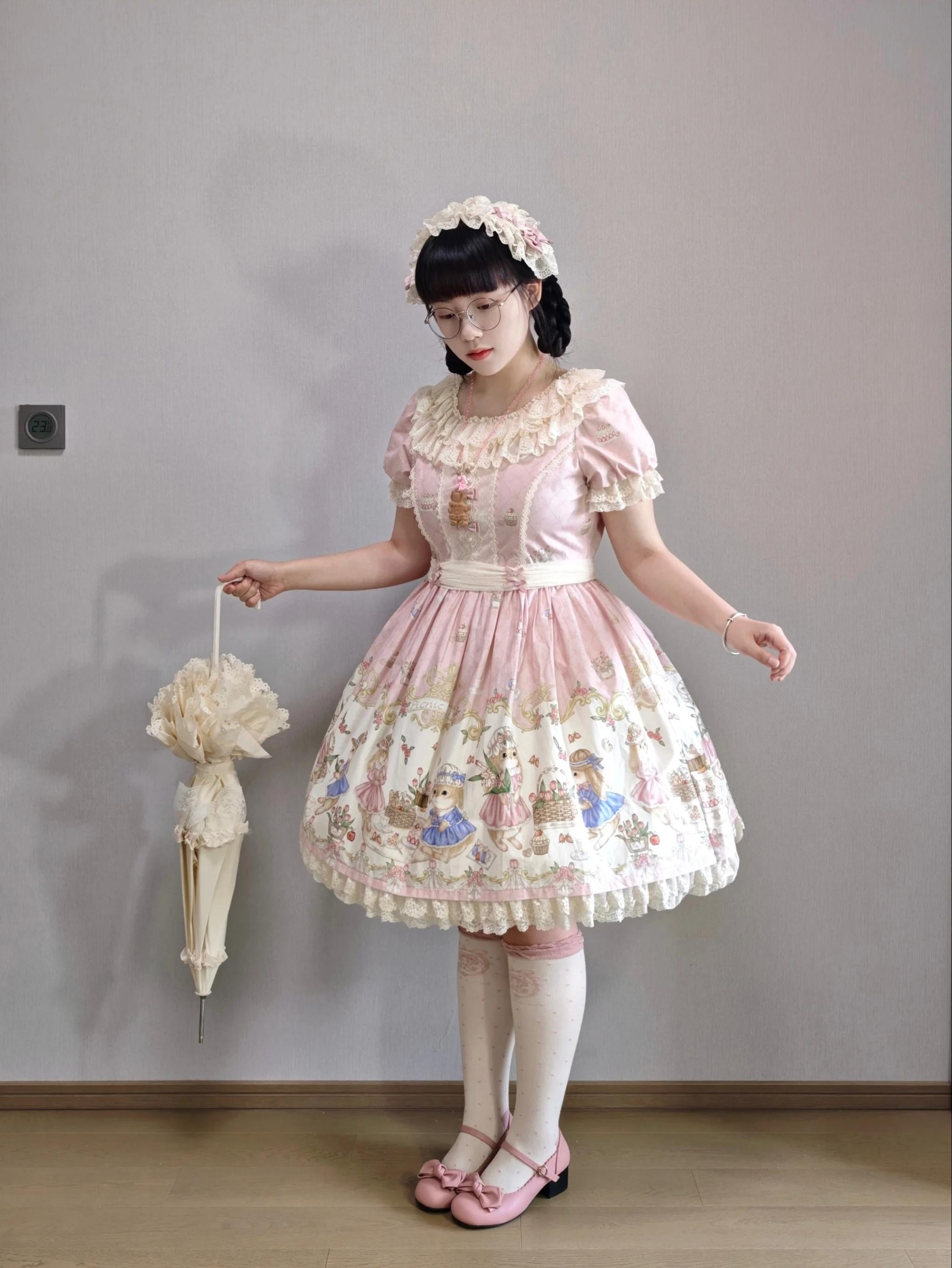 Picnic Bunny - Cotton Daily Doll-like Lolita OP Dress, Bunny Print and Accessories - image 8