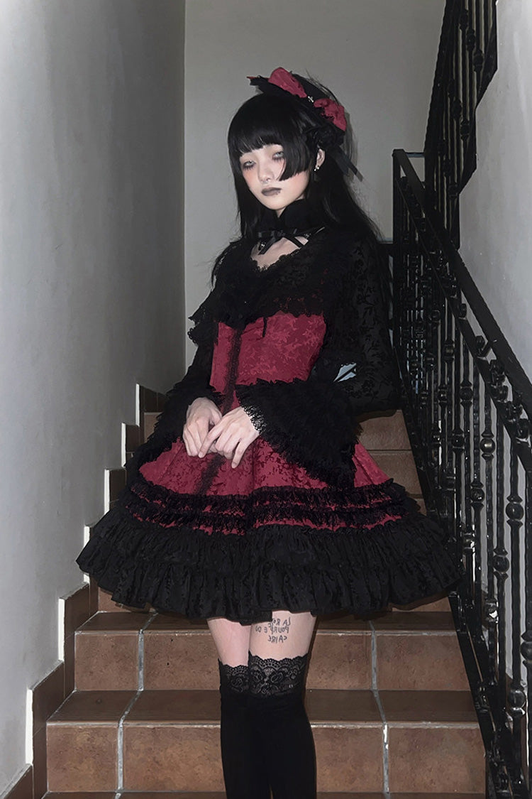 Escape - Double-Layered Jacquard Striped Printed Ruffled Slim Gothic Lolita JSK Dress 3 Colors - image 5