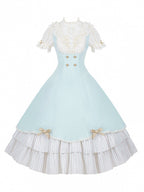Beige and Blue Puff-Sleeve Lolita OP with Scalloped Hem and Butterfly Bows - image 3