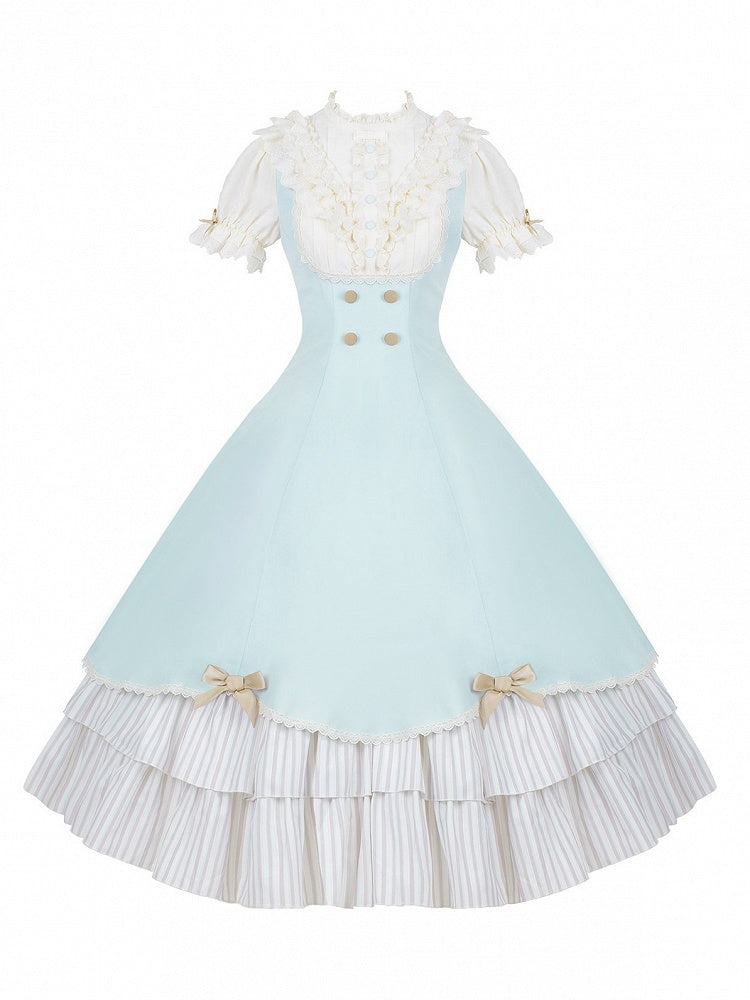 Beige and Blue Puff-Sleeve Lolita OP with Scalloped Hem and Butterfly Bows - image 3
