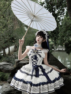 Blue and White Porcelain Corset Waist Lolita JSK Dress with Tassel Bows - image 4
